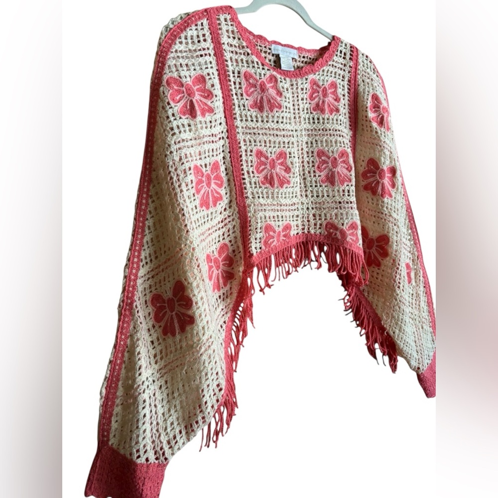 House of Harlow 1960 Crochet Knit Shawl Fringe Poncho - Picture 3 of 9